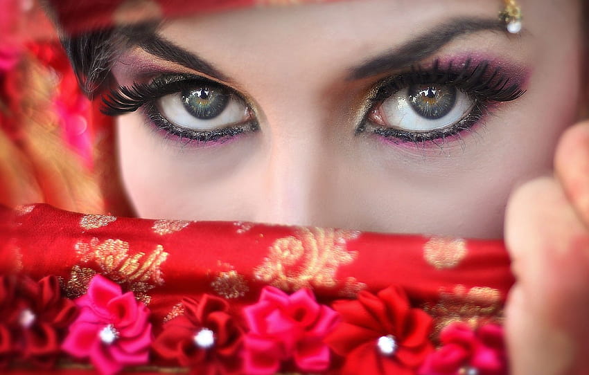 oczy, spojrzenie, dziewczyna, rzęsy, dłoń, makijaż, cienie, kwiaty, eyeliner , sekcja девушки Tapeta HD