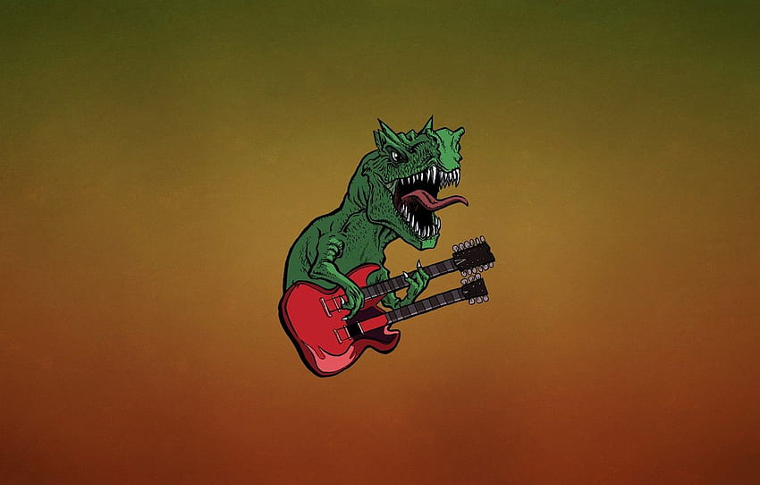 language, red, green, guitar, dinosaur, minimalism, teeth, hard, lizard, fangs, guitar, dino, dark background, dinosaur , section минимализм HD wallpaper