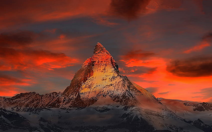 Mont Cervin, Matterhorn, rock, sunset, mountain landscape, Western Alps, Italy, Alps, Monte Cervino with resolution 2880x1800. High Quality HD wallpaper