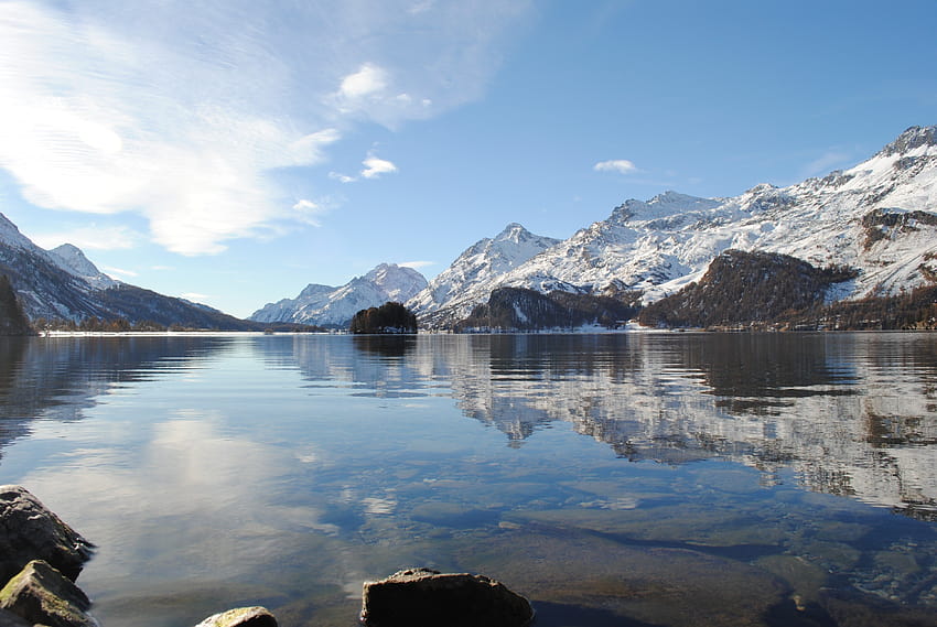 ทะเลสาบ, Engadin Valley, ภูมิทัศน์, ภูเขา, สวิตเซอร์แลนด์, Swiss Alps, St. Moritz, หิมะ, หิน, การสะท้อน, ฟ้าโปร่ง, เมฆ, ธรรมชาติ / และ Mobile &, ทะเลสาบสวิสแอลป์ วอลล์เปเปอร์ HD