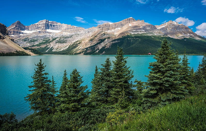 niebo, chmury, drzewa, góry, jezioro, Park Narodowy Banff, Kanada, Alberta, Bow Lake , sekcja природа, bow lake alberta Tapeta HD