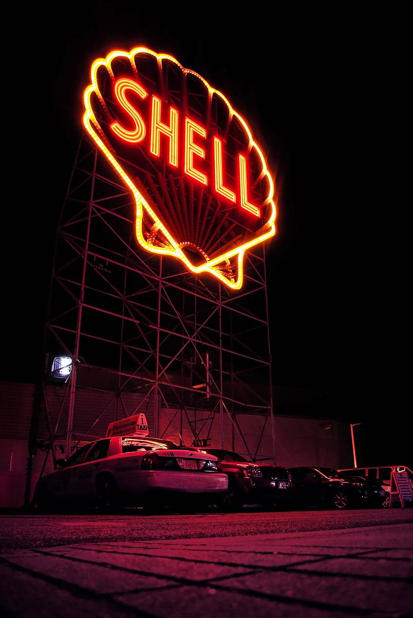 Stazione di servizio Shell, stazione di servizio al neon Sfondo del telefono HD