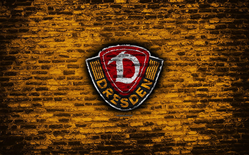 Dynamo Dresden FC, Logo, gelbe Ziegelwand, Bundesliga 2, deutscher Fußballverein, Fußball, Fußball, Backsteinstruktur, Dynamo Dresden Logo, Deutschland mit einer Auflösung von 2880 x 1800. Hohe Qualität HD-Hintergrundbild