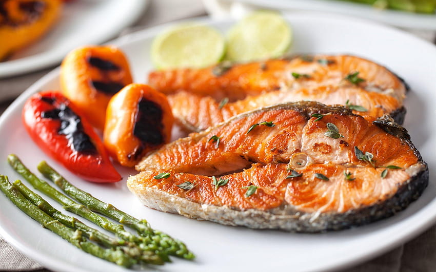 Peixe frito, salmão grelhado, marisco, pratos de peixe papel de parede HD