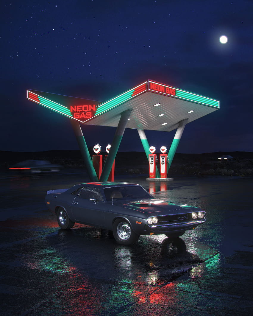 Neon Gas Station by Nikolay, retrowave gas station HD phone wallpaper