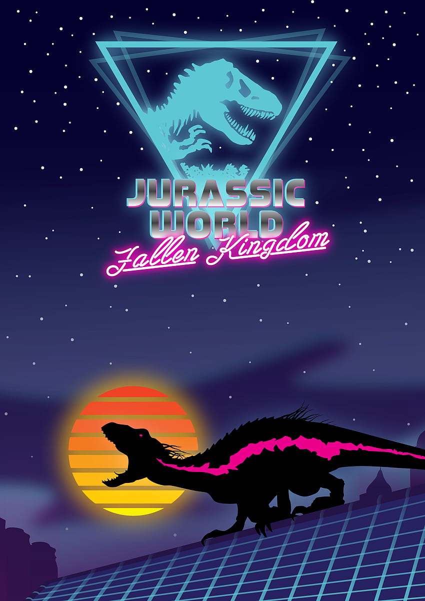 Направих неонов плакат в ретро стил от 80-те за падналото кралство от Джурасик свят, използвайки една от любимите ми сцени от филма: r/JurassicPark, неонов динозавр HD тапет за телефон