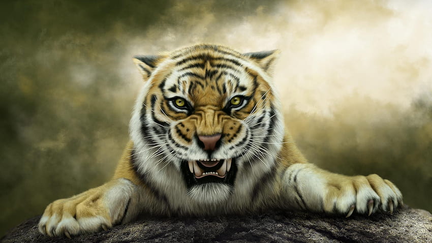 Painting of Growling Tiger, tiger painting HD wallpaper