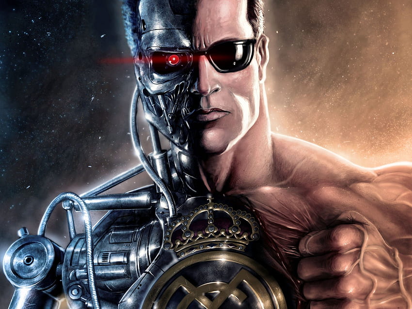 Halb Mensch, halb Terminator, halb menschliches Gesicht HD-Hintergrundbild
