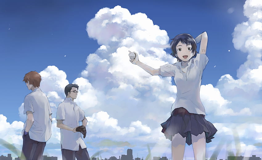 clouds, skirts, glasses, The Girl Who Leapt Through Time, baseball, Konno Makoto, Chiaki Mamiya, anime girls, sky, Toki wo Kakeru Shoujo, Kousuke Tsuda :: HD wallpaper