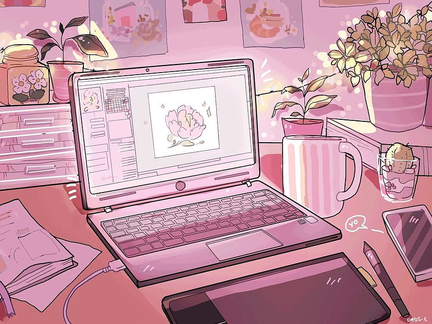 ノートパソコンの美的アニメ、ピンクの美的ノートパソコンの画面 高画質の壁紙