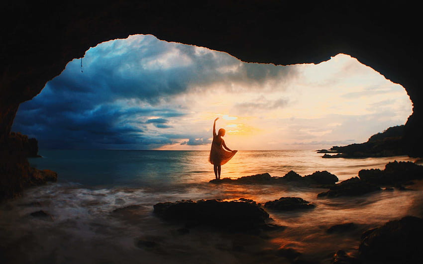 Girl Nature Cave, girl and sea HD wallpaper