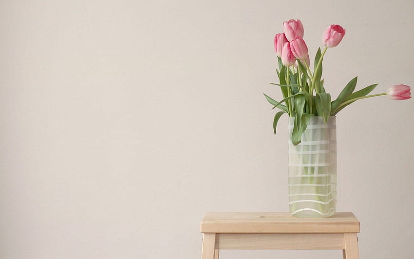 Rosa Tulpen Blumenvase Neutrale Farben HD-Hintergrundbild