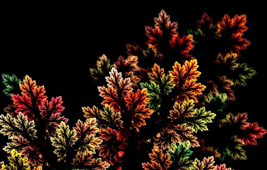 automne, feuilles, nature, abstraction, rendu, fractale, fond noir, palette d'automne, section рендеринг, automne noir Fond d'écran HD