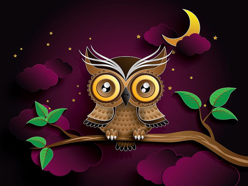 Good Night Owl And Purple Animated Sky HD wallpaper