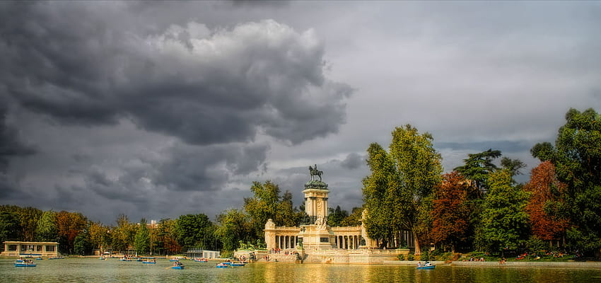 : landscape, boat, lake, water, nature, reflection, sky, park, winter, clouds, calm, evening, morning, river, Sun, Spain, Madrid, spring, Bank, monument, rowing, Sunday, estate, cloud, tree, weather, plant, reservoir, daytime, parque, spring madrid HD wallpaper