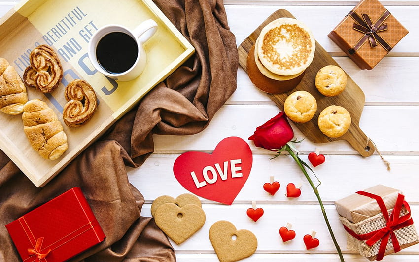Cookies, coffee and gifts for your beloved on Valentine's Day 1440x900, valentines day cookies HD wallpaper