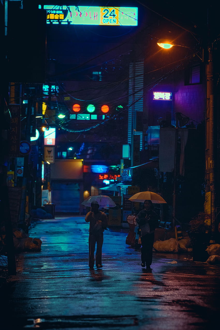 Cyberpunk night rain street graphy in Hongdae Area, Seoul, South Korea, exo shonin cyberpunk HD phone wallpaper