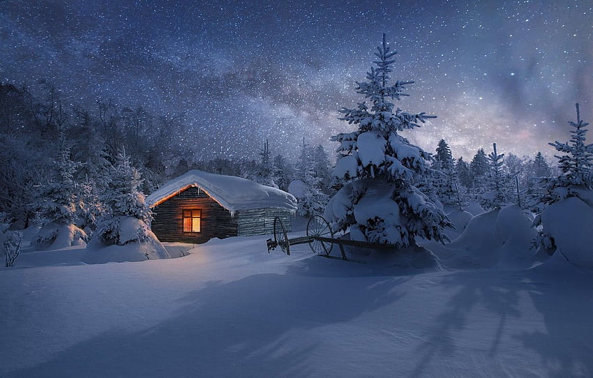 冬、森、星、光、雪、夜、家、景色、小屋、物語、食べた、斜面、窓、天の川、雪、影、セクション 高画質の壁紙
