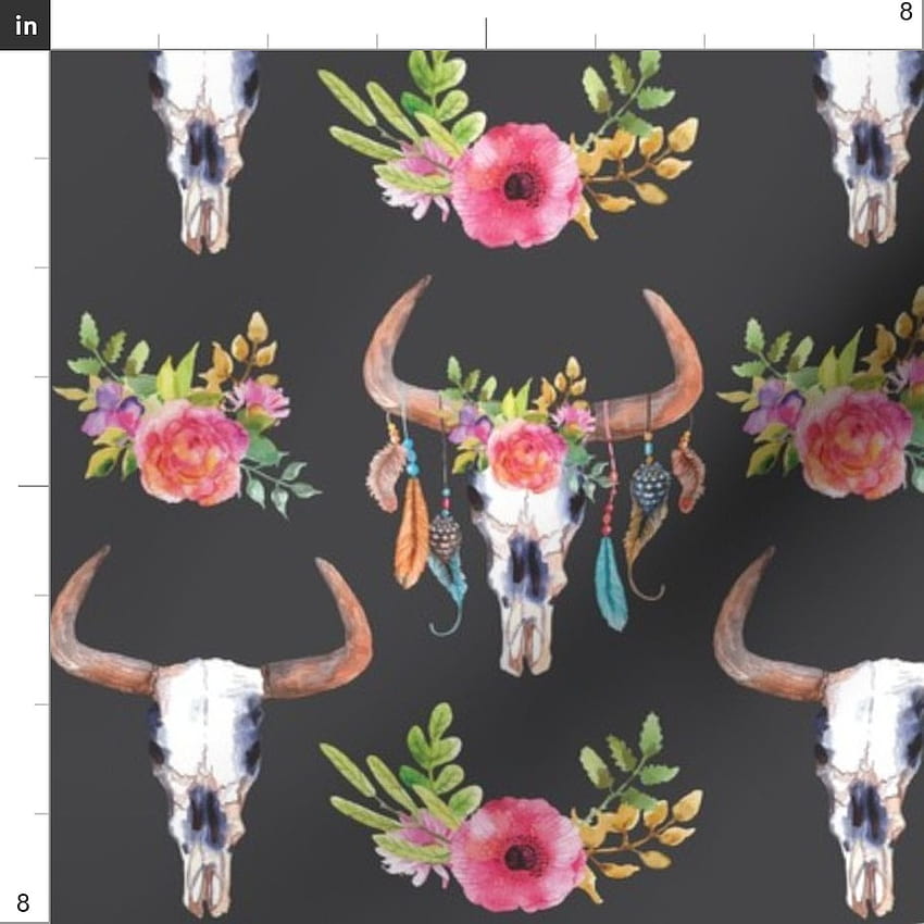 Boho Bull Skull Floral Southwestern Girl Fabric Printed by Spoonflower BTY HD тапет за телефон