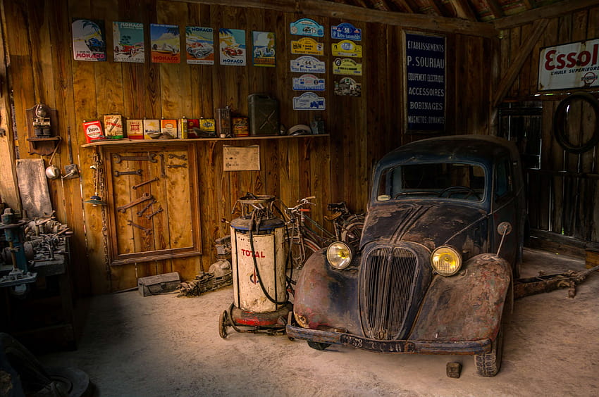 antique, automobile, car, garage, old, repair, rust, service, car repair HD wallpaper