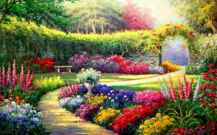 Vivid Flowers Way Entrance Sun, flower garden art HD wallpaper