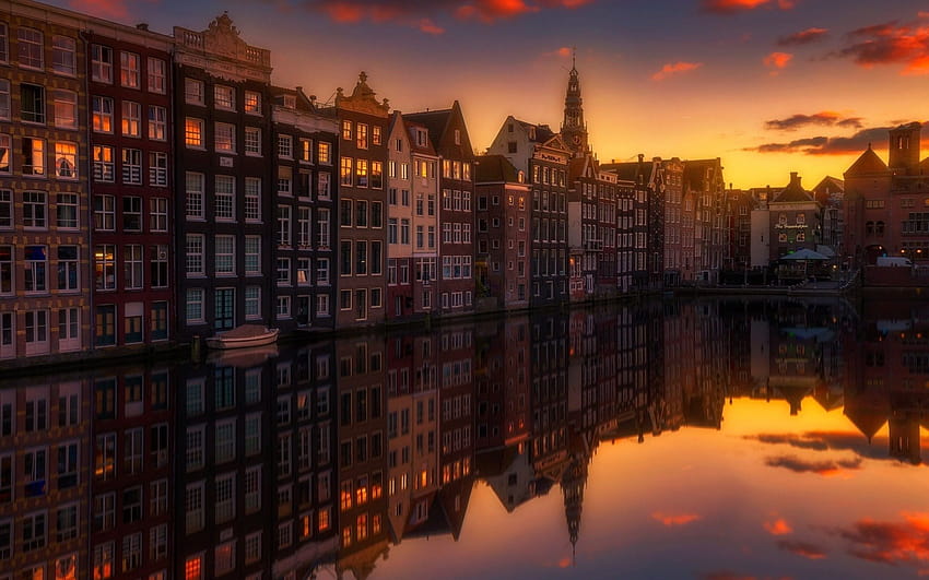 Amsterdam, puesta de sol, canales, calle, ciudad de noche, Países Bajos, Holanda, Europa con una resolución de 1920x1200. Alta calidad, puesta de sol de amsterdam fondo de pantalla