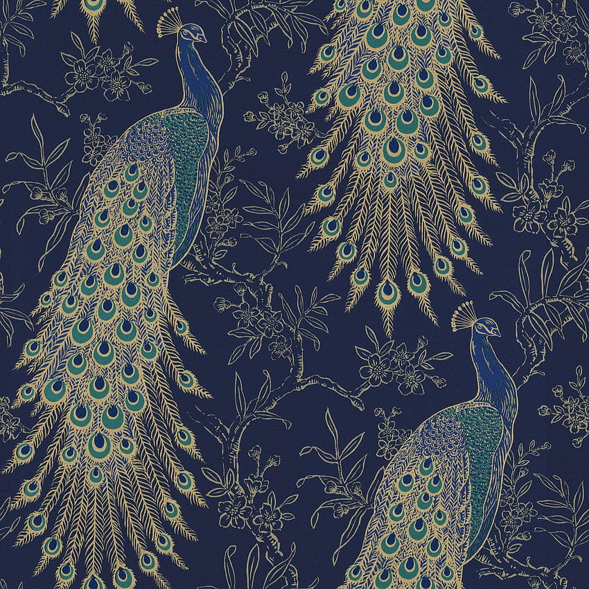 Details about Portfolio Peacock Navy / Gold Rasch 215700, peacock paradise HD phone wallpaper