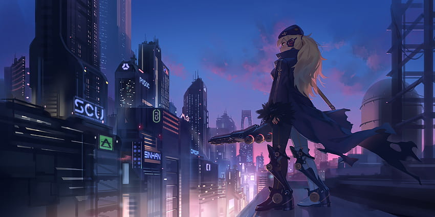 3840x1920 Futuristic Anime City, Cyberpunk, Anime Girl, Skyscrapers HD wallpaper