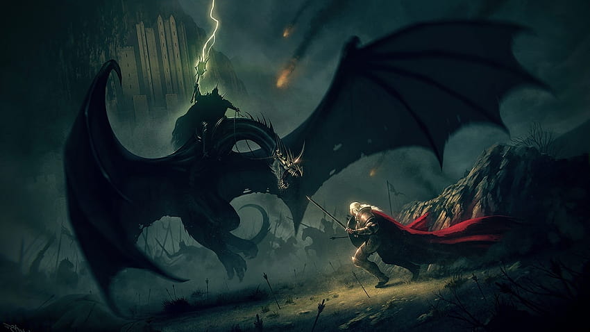J. R. R. Tolkien, Fantasy Art, The Lord of the Rings, Battle, Éowyn, Witchking of Angmar, Nazgûl / и мобилни фонове HD тапет
