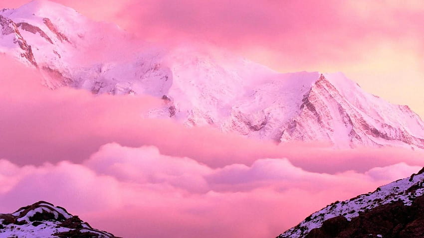 pink landscape, pink sky mountains HD wallpaper