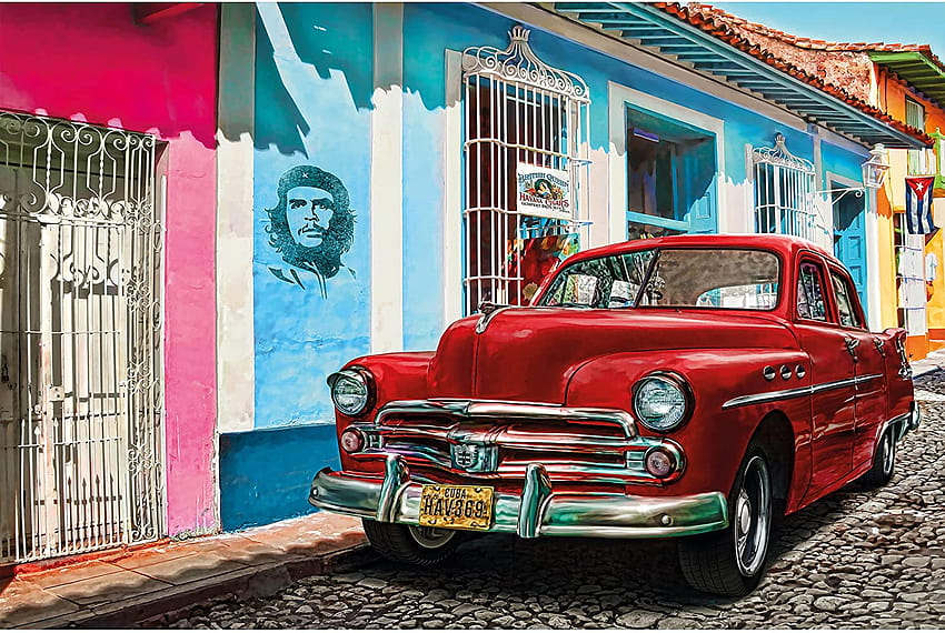 – 赤のオールド タイマー シボレー – デコレーション ハバナン アーバン ストリート シーン キューバの車 イラスト チェ ゲバラ アートワーク インテリア ウォール ミューラル 高画質の壁紙