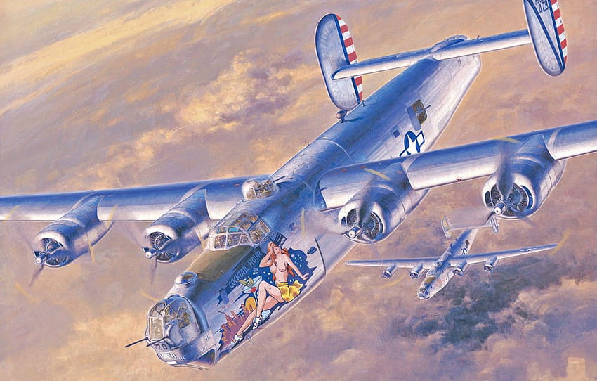 戦争、アート、絵画、航空、第二次世界大戦、アメリカの爆撃機、連結 B、連結 B 24 リベレーター 高画質の壁紙