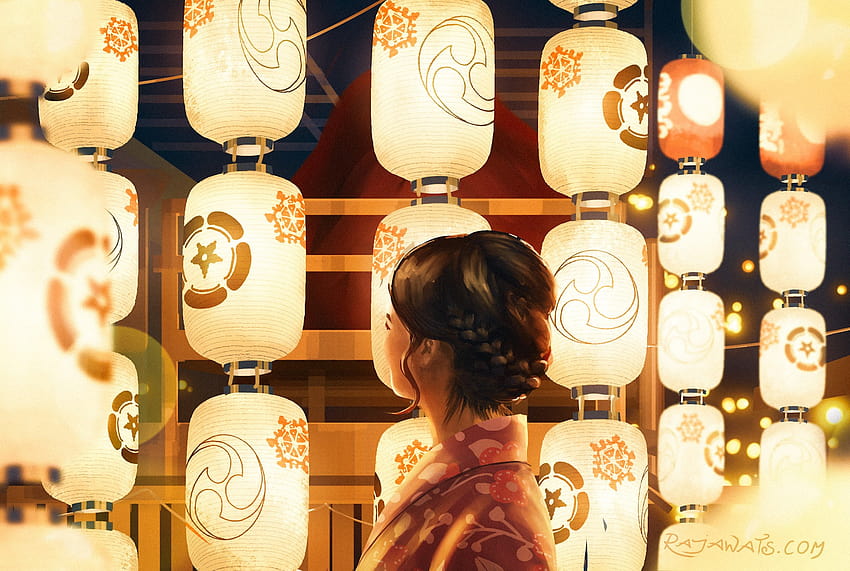 922931 nuit, femmes, environnement, lanterne en papier, beige, kimono, femme beige Fond d'écran HD