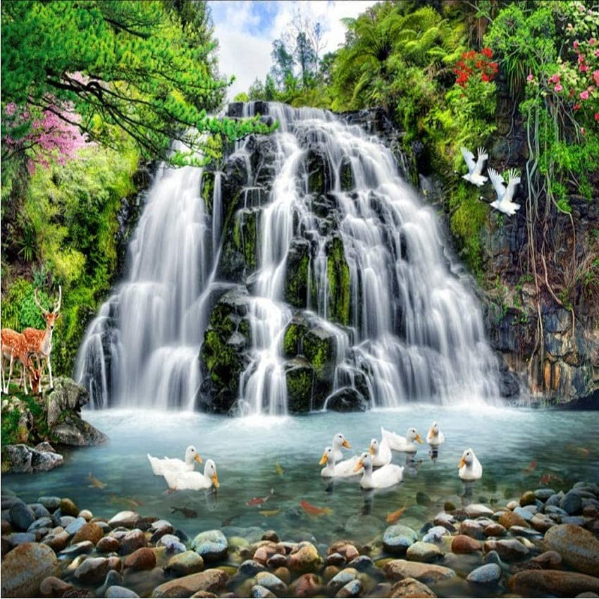 Xbwy Custom 3D Forest Landscape Mural Water Stream Waterfall Mural Living Room Study Backgrounds Wall Decor, forest water stream HD phone wallpaper