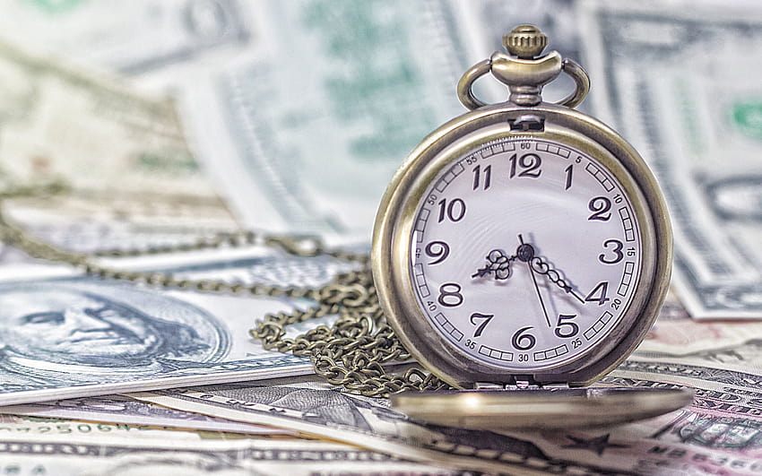 Time is money, old pocket watch on money, american dollars, money concepts, finance, business with resolution 2880x1800. High Quality HD wallpaper