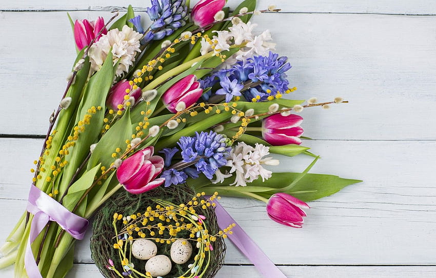 flowers, bouquet, Easter, tulips, pink, flowers, tulips, purple, eggs, easter, hyacinths, hyacinth , section цветы HD wallpaper