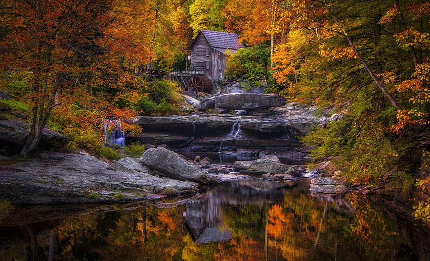 Autumn USA Stones Mill Glade Creek Grist Mill West Virginia Nature HD wallpaper