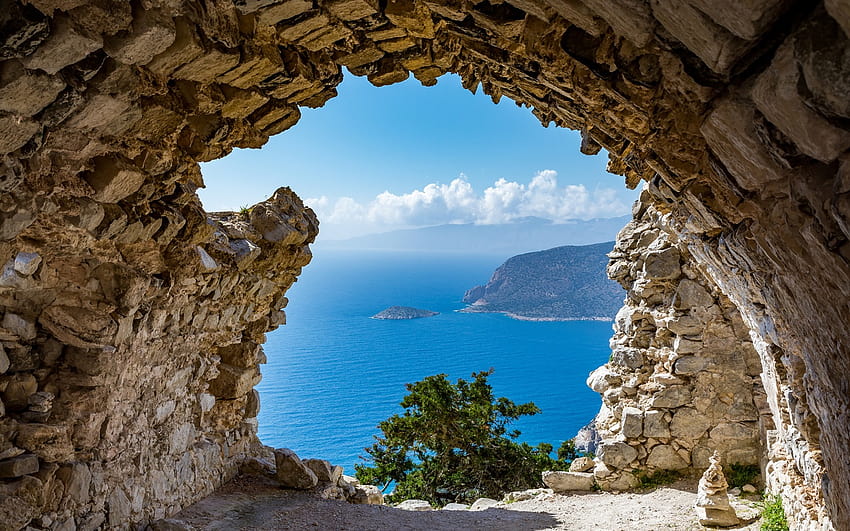 cueva de montaña, paisaje marino de lujo, mar Mediterráneo, verano, montañas, Grecia con una resolución de 1920x1200. Verano mediterráneo de alta calidad fondo de pantalla