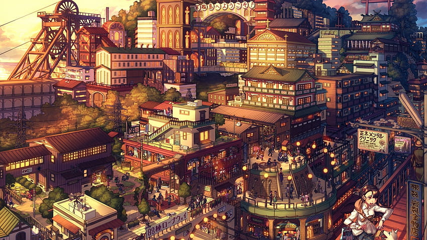 2560x1440 Anime Landscape, Cityscape, People, Japanese Architecture, Shrine, Asano Shiki, para iMac de 27 pulgadas, paisaje de ciudad de anime japonés fondo de pantalla