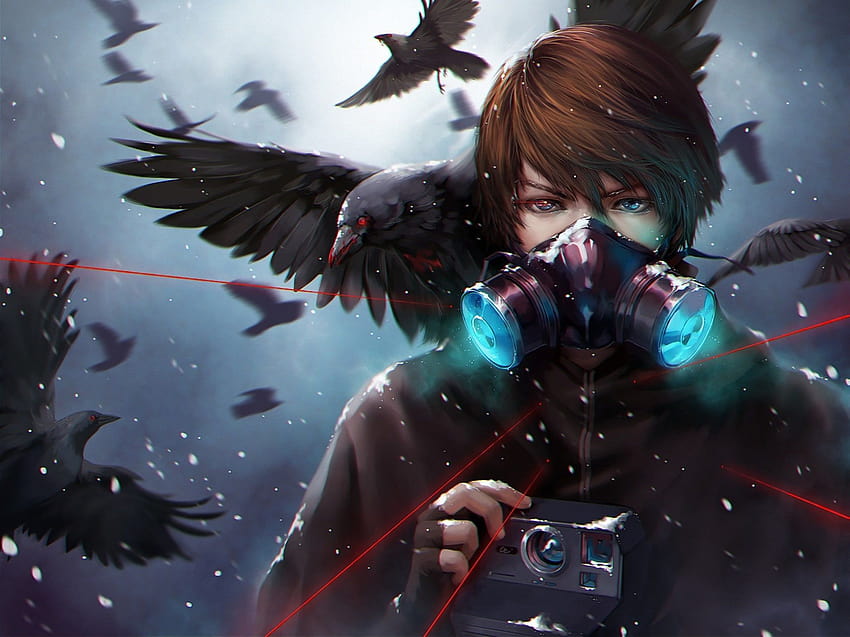 Male Anime character with gray black crow and gas mask, face mask anime boy HD wallpaper