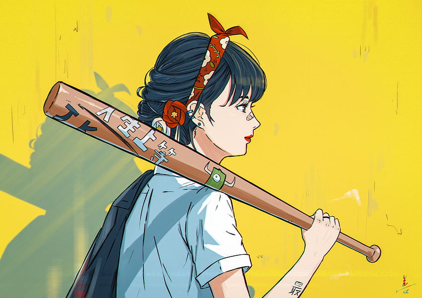 : Baseballschläger, gelber Hintergrund, Anime-Mädchen, Bandage 1920x1358, Baseball-Mädchen HD-Hintergrundbild