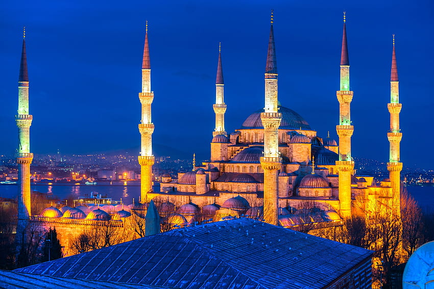 スルタン アフメト モスク イスタンブール、夜のトルコ、イスタンブール モスク 高画質の壁紙