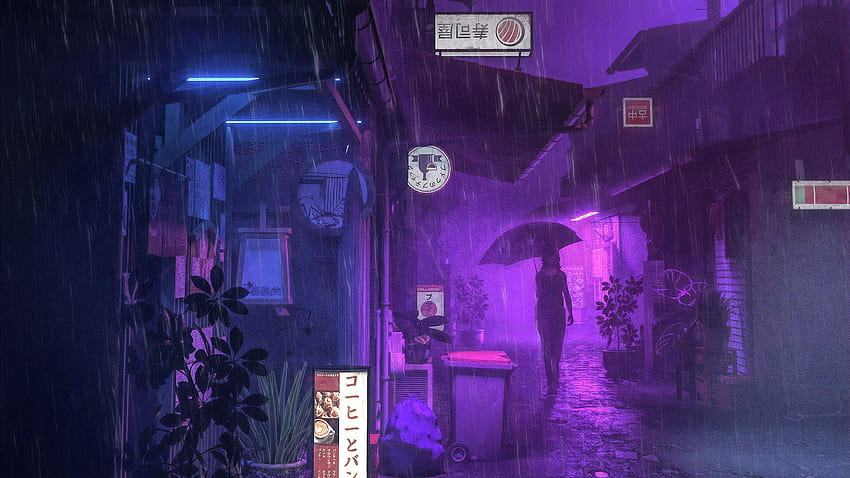 Purple Anime City, purple anime girl HD wallpaper