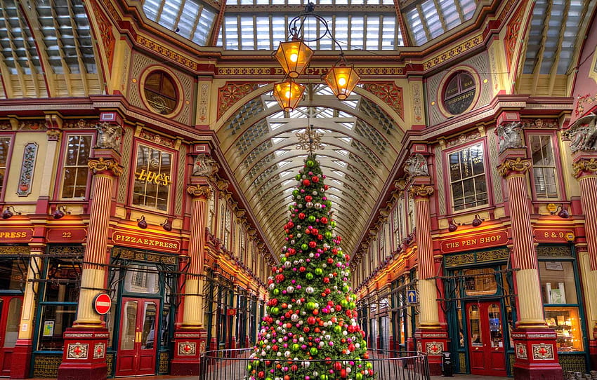 decoration, holiday, balls, England, London, tree, Christmas, Leadenhall Market, passage , section интерьер HD wallpaper