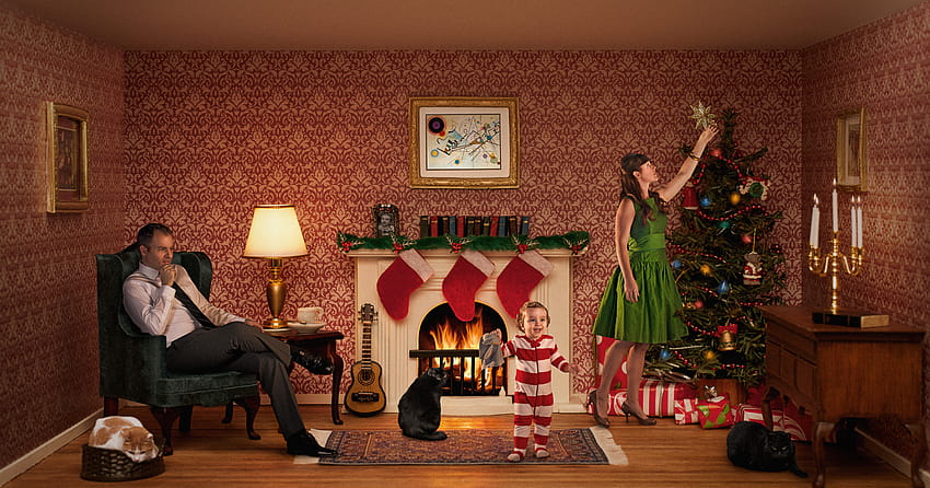 : Noel, aile, pencereler, kediler, lamba, çorap, Oyuncak, yıldız, minyatür, şömine, mumlar, gitar, framedart, kandinsky, kitaplar, noel ağacı, noel ışıkları, çelenk, süs eşyaları, hediyeler, büfe, manto, diorama, Dollhouse, noel kartı HD duvar kağıdı
