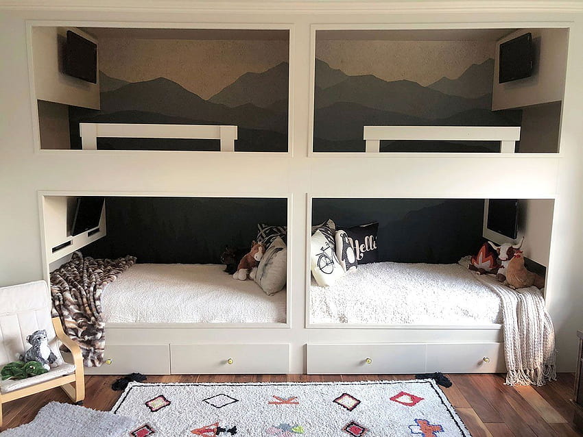 Very nice idea to decorate a wall behind childrens beds! Lovely Mountain View peel&stick d…, bunks HD wallpaper