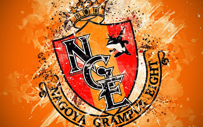 Nagoya Grampus, paint art, logo, creative, Japanese football team, J1 League, emblem, orange background, grunge style, Nagoya, Japan, football with resolution 3840x2400. High Quality HD wallpaper