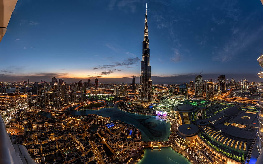 Burj Khalifa, Dubai, fontane, moderne luci notturne degli edifici di Dubai Sfondo HD