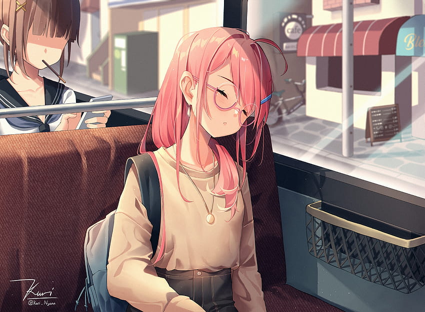 Nettes Anime-Mädchen, Megane, rosa Haare, Schlafen, Busfahrt, Brille, Anime-Schlaf HD-Hintergrundbild