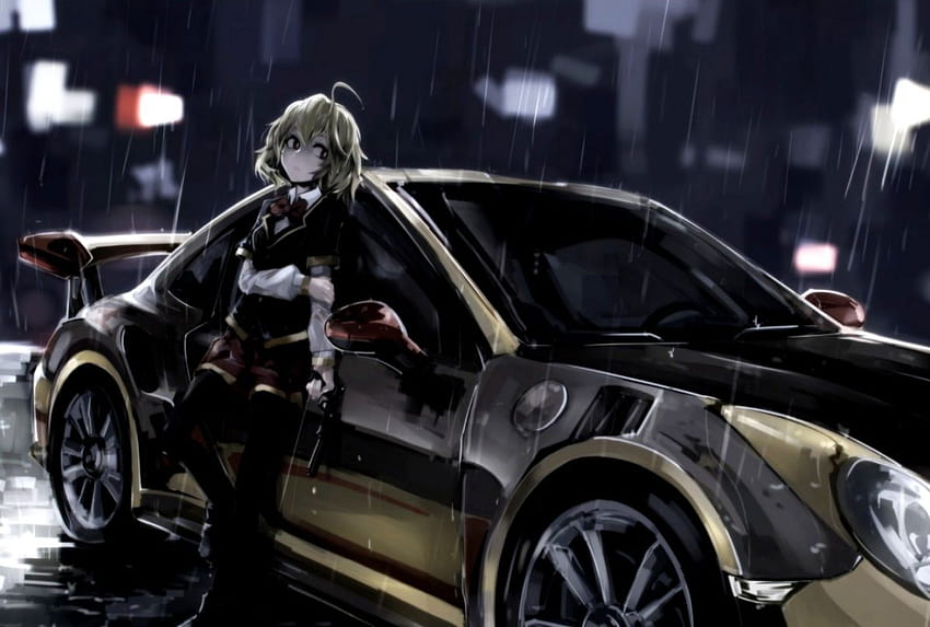 Porsche Girl City Car Art Anime Nachtregen, Anime Girl City Night HD-Hintergrundbild
